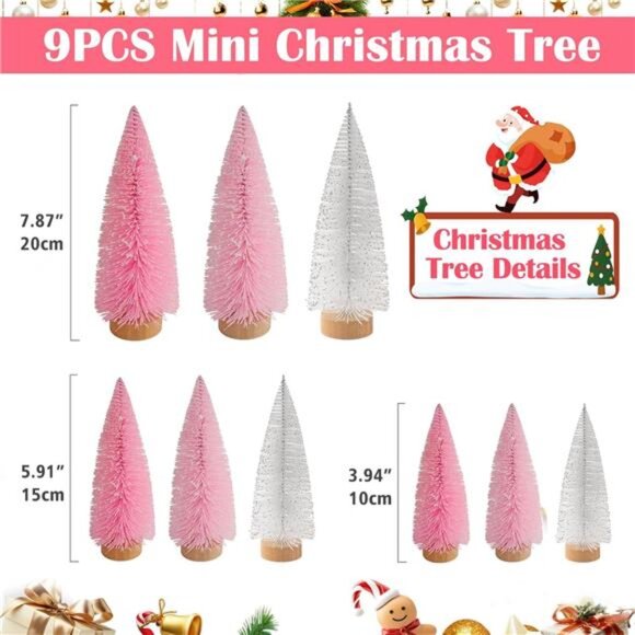 9 Pcs Pink Color Mini Sisal Bottle Brush Trees Small Artificial Christmas Tree - Picture 3 of 8